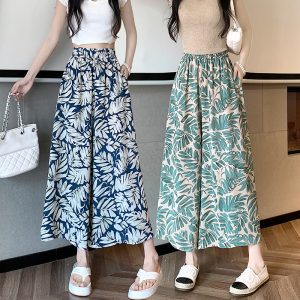 Women's Wide-Leg Chiffon Pants Summer Thin Tie-Dye Beach Casual Cropped Pants