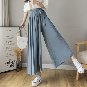 2026 Spring Korean Pleated Chiffon Wide-Leg Capri Pants for Women Plus Size Elastic Waist Casual Skirt Pants