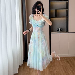 2025 Summer French Sweet Bohemian Print Midi Dress with Lantern Sleeves