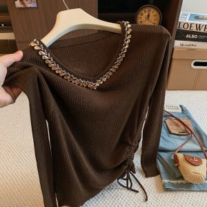 2026 Autumn Winter V-Neck Beaded Knit Sweater with Drawstring Waist
