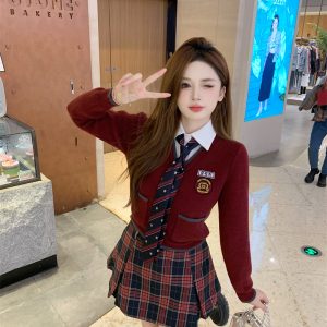 American Preppy Style Two-Piece Set for Women Petite Vest Sweater Layering JK Uniform Korean School Uniform Autumn