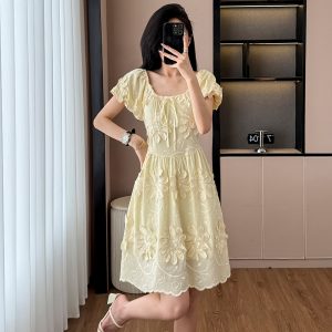 Elegant Puff Sleeve Dress Sweet French Style Waist Cinched Summer Women