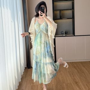 French Style Two-Piece Dress Set with Cape and Cami Dress
