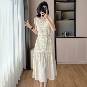 French Tulle Sleeveless Cami Dress with Belt Women Summer High-End Beach Vacation Cinched Long Dress