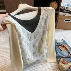 Korean Color Block Faux Two Piece Knit Top for Women Autumn Drawstring Waist Slimming Pullover