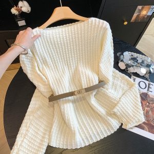 Korean Lazy Style Ribbed Waffle Knit Sweater Women Off-Shoulder Loose Long Sleeve Pullover