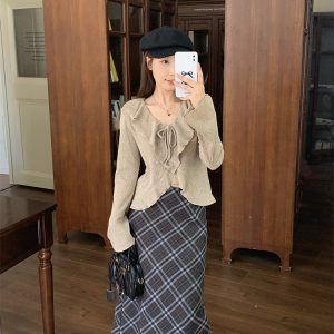 Plus Size Ruffle Long Sleeve Knit Top and Plaid Skirt Two Piece Set for Women Autumn - Style 38032a
