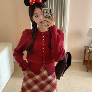 Plus Size Women's Korean Style Knit Top and Plaid Skirt Set