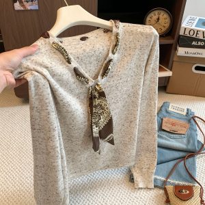 Retro V-Neck Tie Scarf Long Sleeve Knit Sweater Women 2026 Fall New Old Money Style Versatile Top