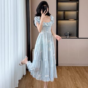 Summer Tea Break French Style Long Dress with Square Neck and Floral Embroidery