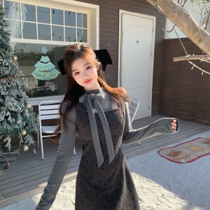 Sweet Bow Long Sleeve T-Shirt and Polka Dot Pinafore Dress Two-Piece Set for Women Autumn Layering