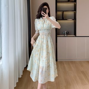 Sweet Floral Chiffon Midi Dress with Elastic Waist and Short Sleeves