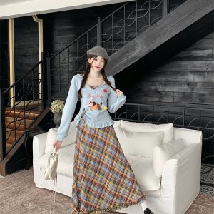 Sweet Style Plus Size Hooded Long Sleeve Plaid Skirt Set Early Autumn New