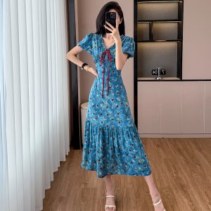 Tie-Dye Tencel Dress Women 2025 Summer V-Neck Floral Midi A-Line