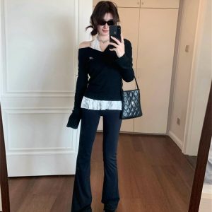 V-Neck Slimming Long Sleeve T-Shirt with Embroidery Casual Layering Top 2026 Summer