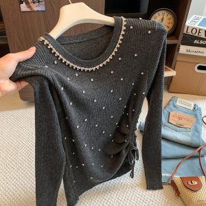 Women's French Style Rhinestone Drawstring Long Sleeve Knit Sweater Slim Fit Round Neck Top