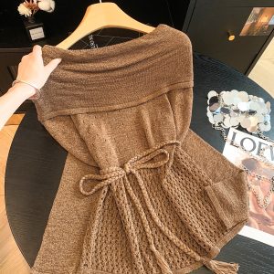 Women's Off-Shoulder Ribbon Knit Sweater 2026 Early Autumn Loose Hollow-Out Long Sleeve Top